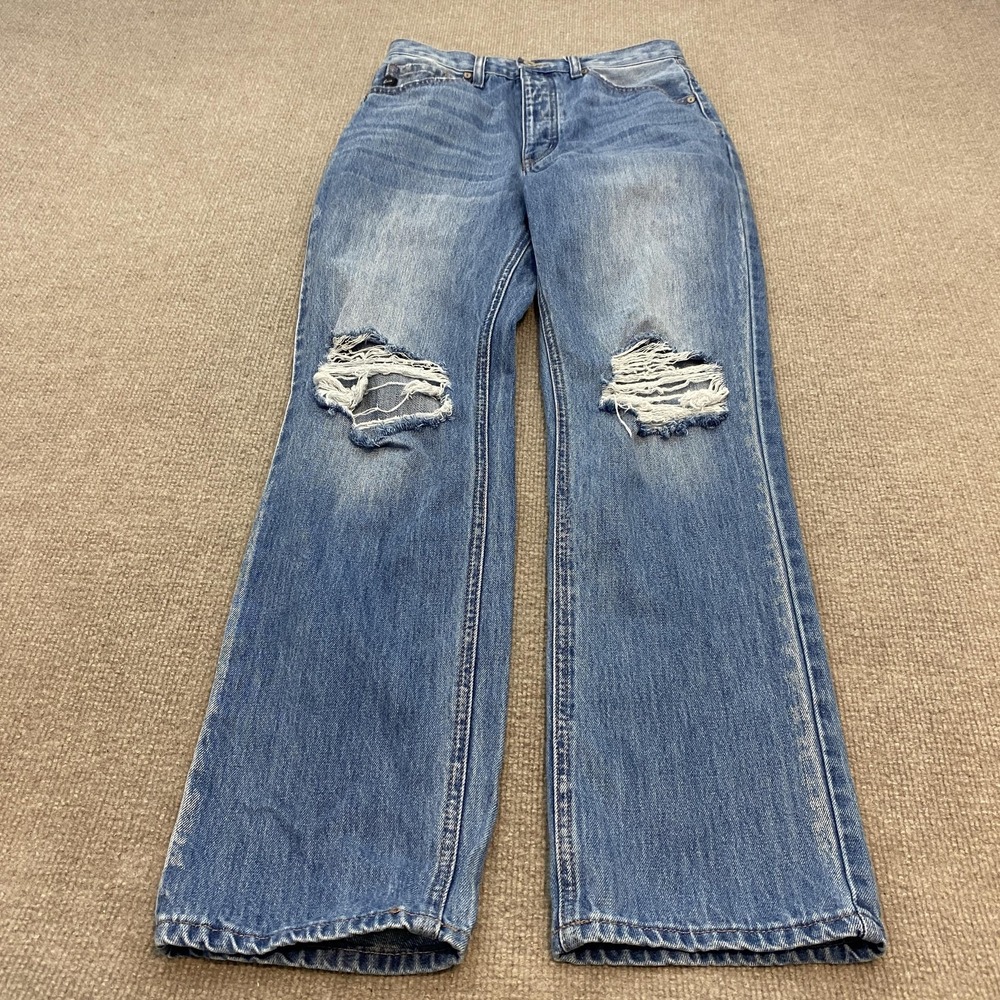 KanCan Wide Leg Jeans Blue Med Wash High Rise Distressed Denim Womens 25